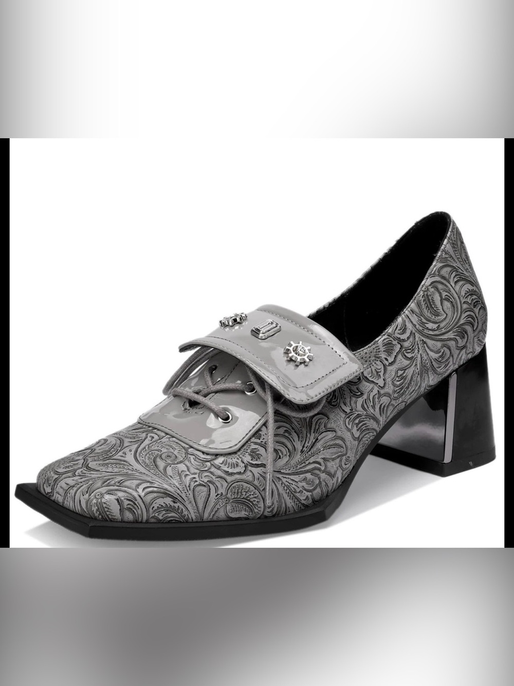 Gray Embossed Leather Block Heel Loafer sz 7.5